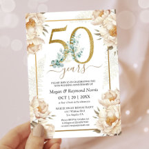 50th Wedding Anniversary Floral White Peony Gold