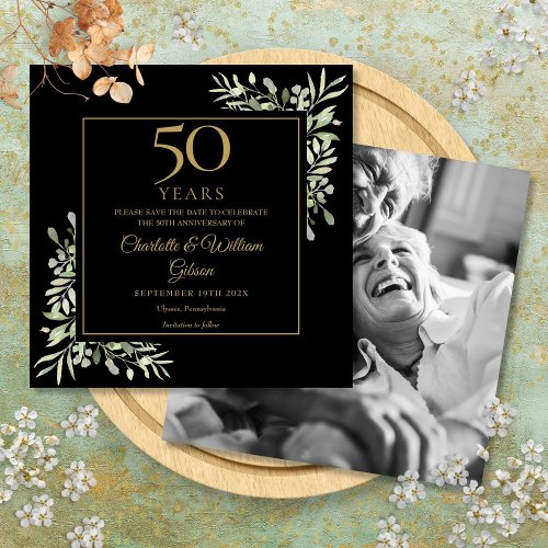 50th Wedding Anniversary Foliage Black Gold Photo Save The Date