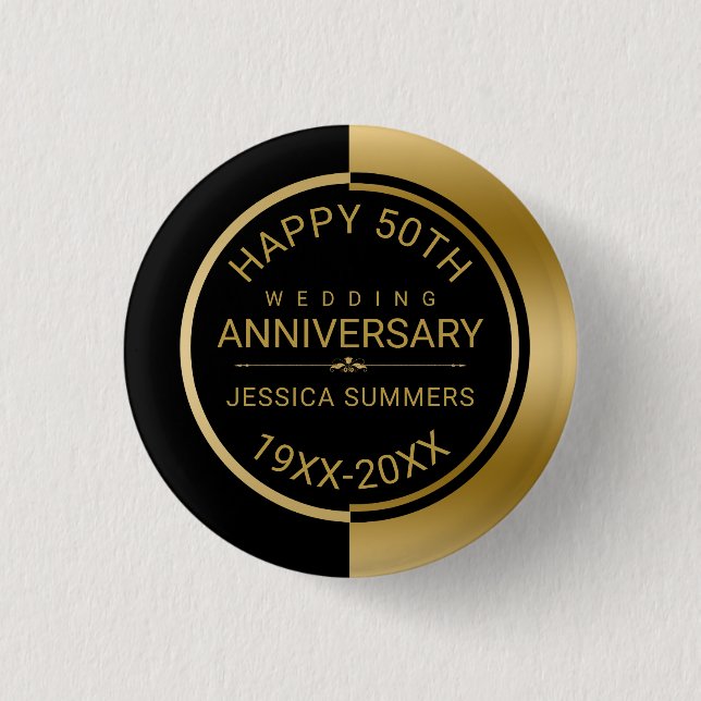 50th Wedding Anniversary Geometric Black & Gold Pinback Button (Front)