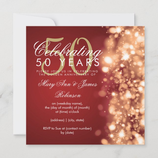 50th Wedding Anniversary Glam Sparkles Gold & Red Invitation (Front)