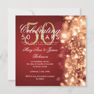 50th Wedding Anniversary Glam Sparkles Gold & Red Invitation