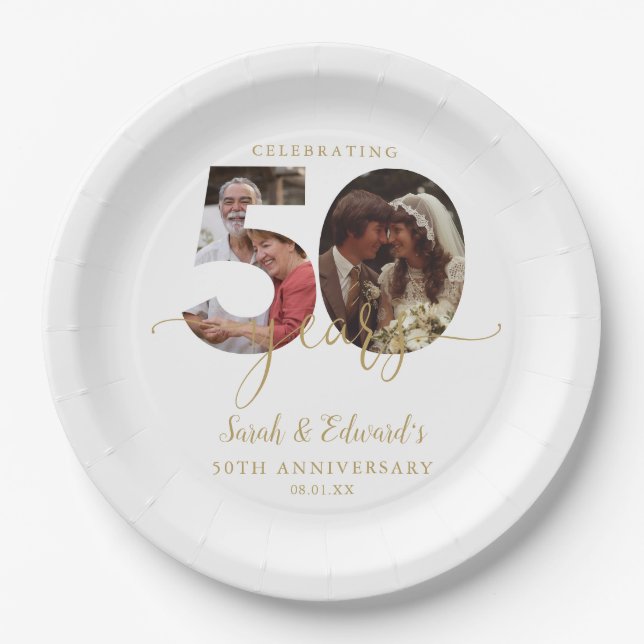 50th Wedding Anniversary Gold 2 Photo Paper Plates (Front)
