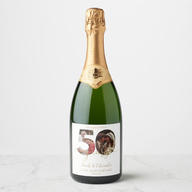 50th Wedding Anniversary Gold 2 Photo Sparkling Wine Label (Front)