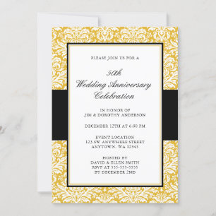 50th Wedding Anniversary Gold and Black Damask Invitation