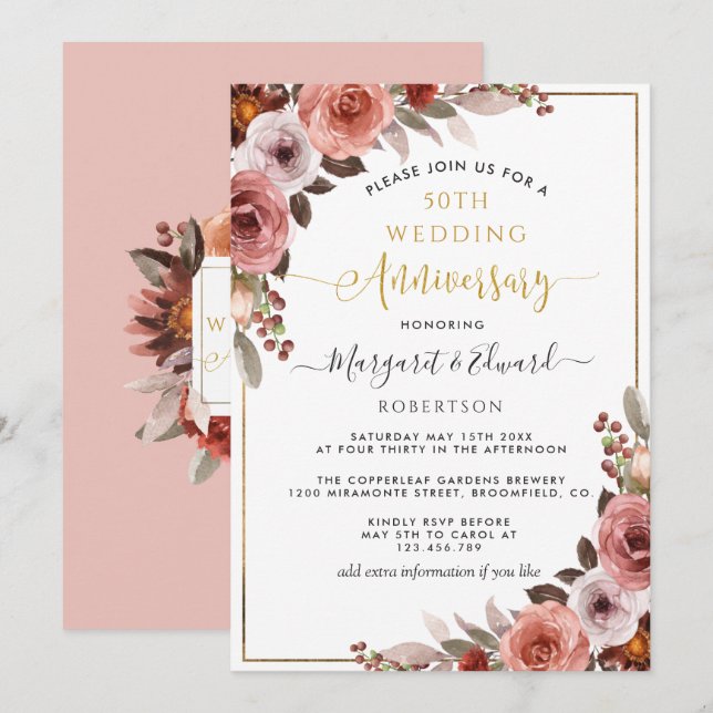 50th Wedding Anniversary, Gold and Blush Floral Invitation (Front/Back)