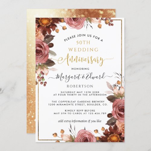 50th Wedding Anniversary Gold and Burgundy Floral Invitation