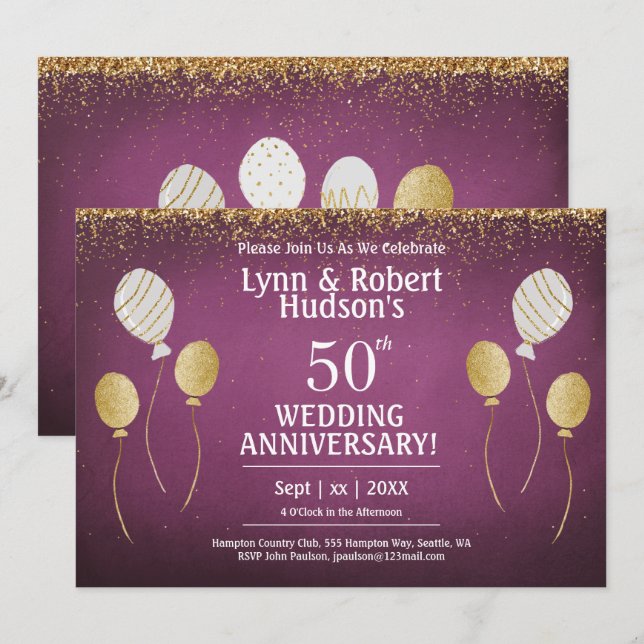 50th Wedding Anniversary, Gold and White Balloons  Invitation (Front/Back)