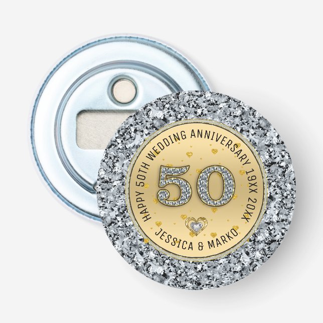 50th wedding anniversary gold and white diamonds bottle opener (Front)
