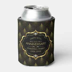 50th Wedding Anniversary & Gold Art Deco Pattern Can Cooler