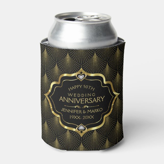 50th Wedding Anniversary & Gold Art Deco Pattern Can Cooler (Can Front)