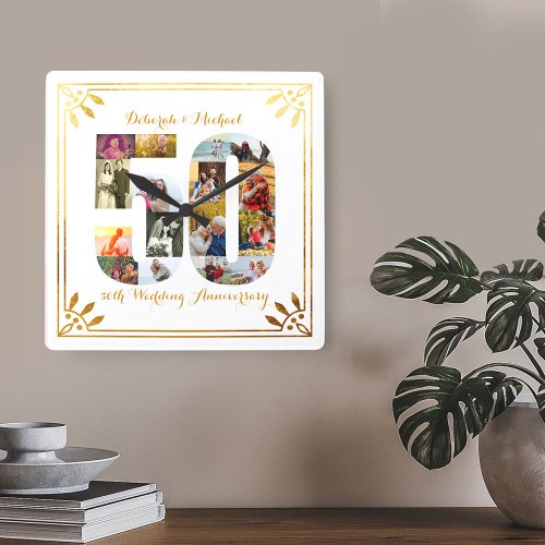 50th Wedding Anniversary  Gold Art Deco Photo Square Wall Clock