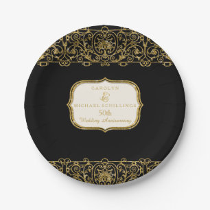 50th Wedding Anniversary Gold Art Nouveau Party Paper Plates