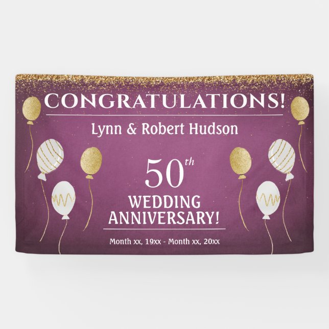 50th Wedding Anniversary Gold Balloons Banner (Horizontal)
