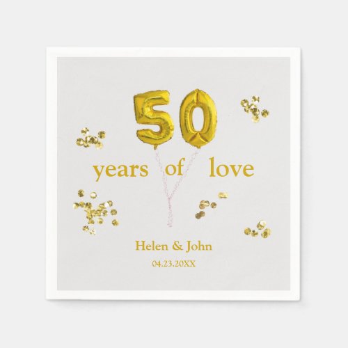 50th Wedding Anniversary Gold Baloons with Names Napkins