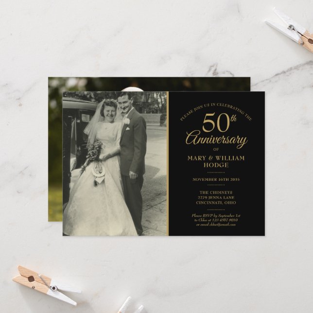 50th Wedding Anniversary Gold Black 2 Photo Invitation | Zazzle