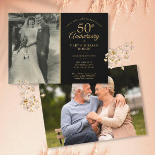 50th Wedding Anniversary Gold Black 2 Photo Invitation