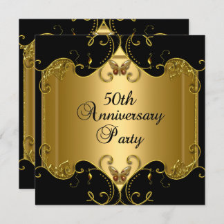 50th Wedding Anniversary Gold Black Butterfly Invitation