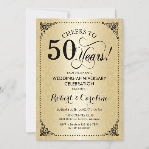 50th Wedding Anniversary _ Gold Black Damask Invitation