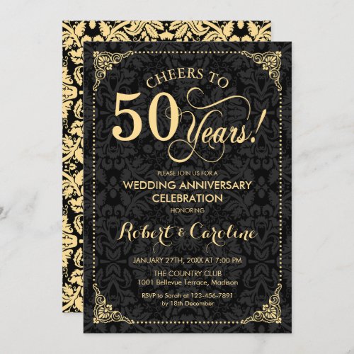 50th Wedding Anniversary _ Gold Black Damask Invitation