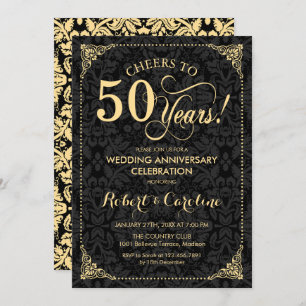 50th Wedding Anniversary - Gold Black Damask Invitation