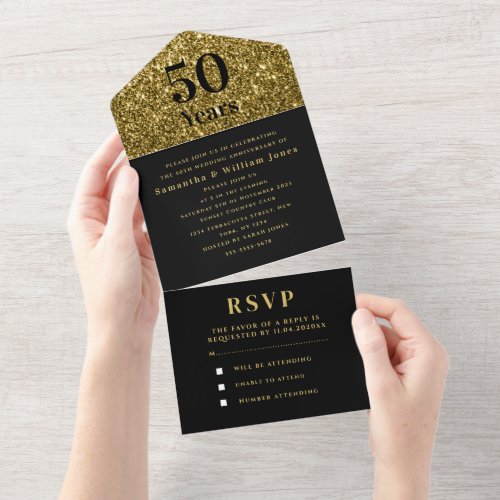 50th Wedding Anniversary Gold Black Modern All In One Invitation