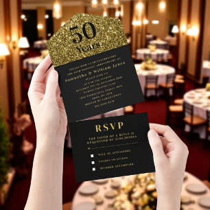 50th Wedding Anniversary Gold Black Modern All In One Invitation