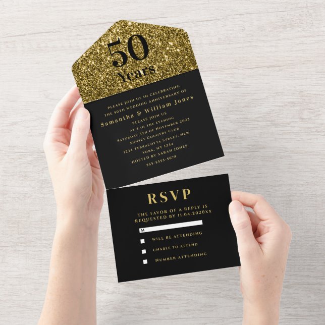 50th Wedding Anniversary Gold Black Modern All In One Invitation (Tearaway)
