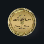 50th Wedding Anniversary Gold& Black Pinback Button<br><div class="desc">Elegant 50th wedding anniversary metallic gold print with customizable text. Heart in heart diamond design accent</div>