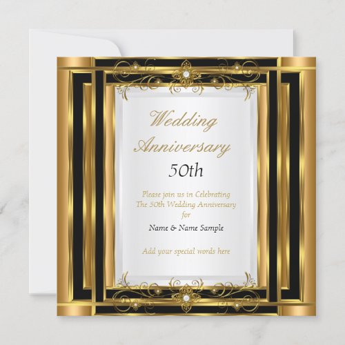 50th Wedding Anniversary Gold Black White Invitation