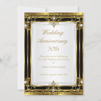 50th Wedding Anniversary Gold Black White Pearl 2 Invitation