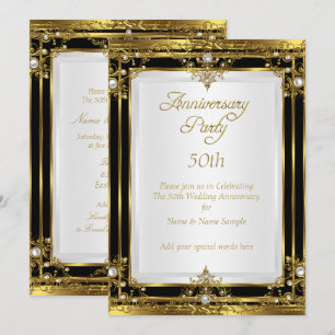 50th Wedding Anniversary Gold Black White Pearl Invitation