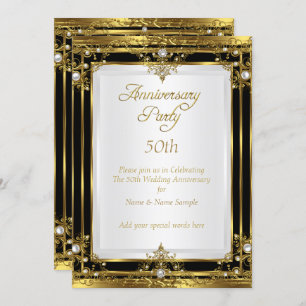 50th Wedding Anniversary Gold Black White Pearl Invitation
