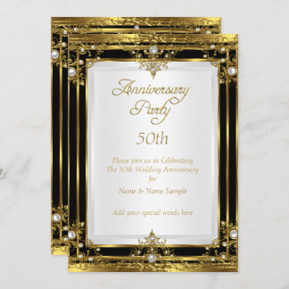 50th Wedding Anniversary Gold Black White Pearl Invitation