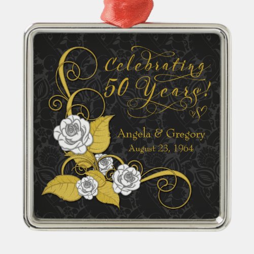 50th Wedding Anniversary Gold Black White Rose Metal Ornament