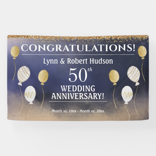 50th Wedding Anniversary, Gold, Blue, White Banner (Horizontal)