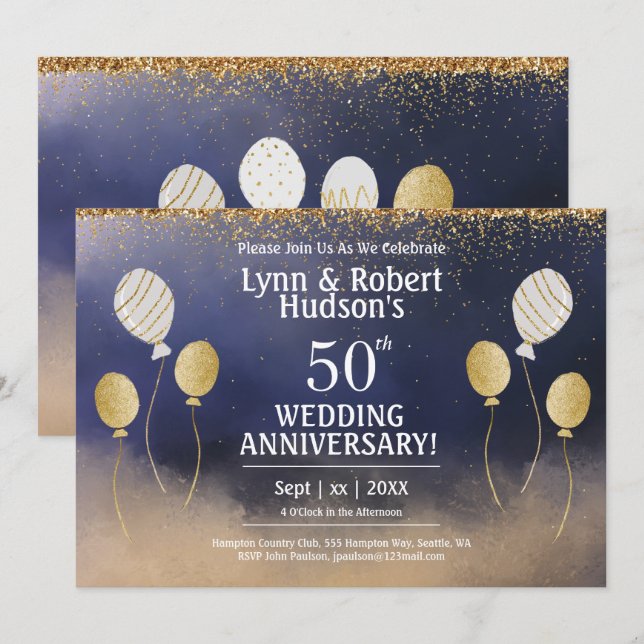 50th Wedding Anniversary, Gold, Blue, White Invitation (Front/Back)