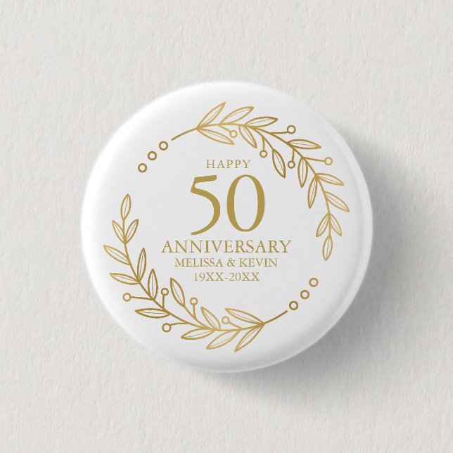 50th Wedding Anniversary Gold Botanicl Frame Button (Front)