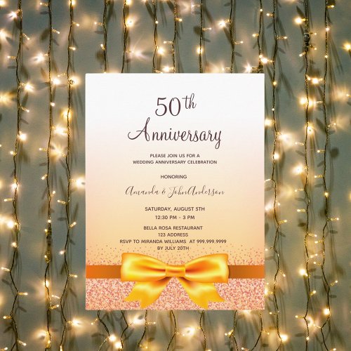 50th wedding anniversary gold bow invitation postcard
