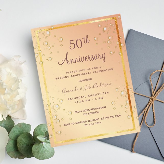 50th wedding anniversary gold bubbles invitation postcard (Creator Uploaded)