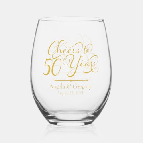 50th Wedding Anniversary Gold Cheers to 50 Years Stemless Wine Glass