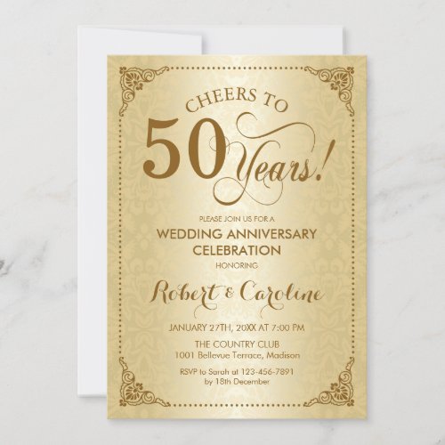 50th Wedding Anniversary _ Gold Damask Invitation