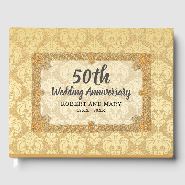 50th Wedding Anniversary Gold Damask Personalized Guest Book (Front)