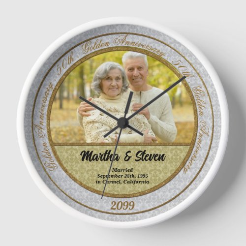 50th Wedding Anniversary Gold Damask Photo Clock