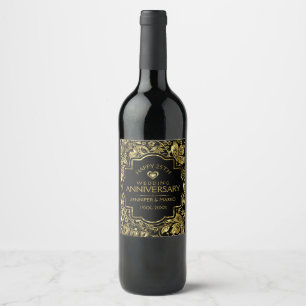 50th Wedding Anniversary Gold Damasks Wine Label