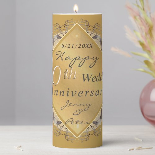 50th Wedding Anniversary Gold Diamond Medallion Pillar Candle