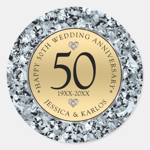 50th wedding anniversary gold  diamonds classic round sticker