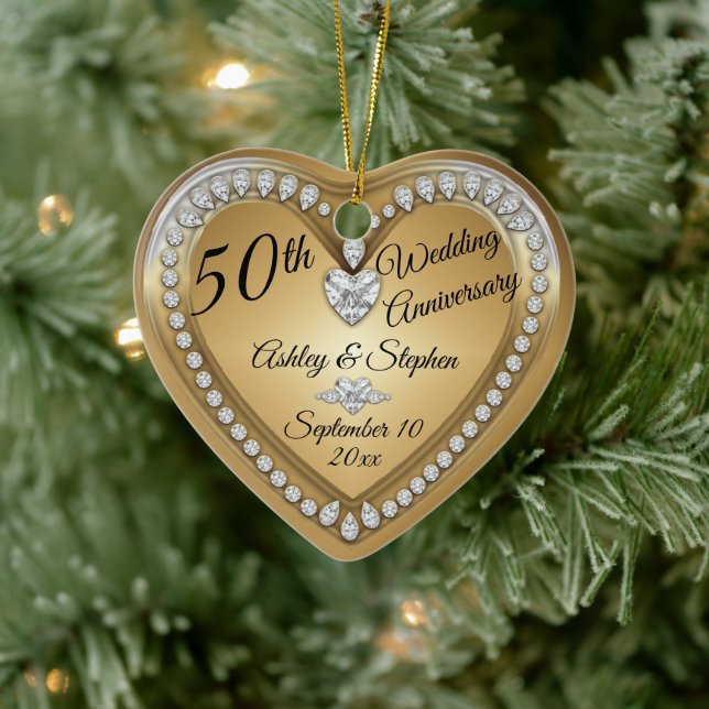 50th Wedding Anniversary Gold Diamonds Keepsake Ceramic Ornament (Tree)