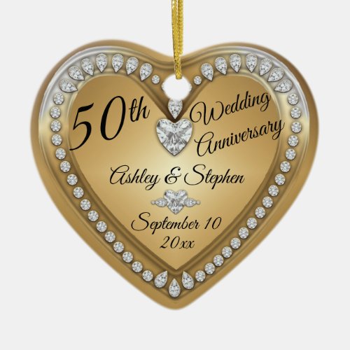 50th Wedding Anniversary Gold Diamonds Keepsake Ceramic Ornament