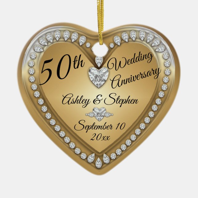 50th Wedding Anniversary Gold Diamonds Keepsake Ceramic Ornament (Front)