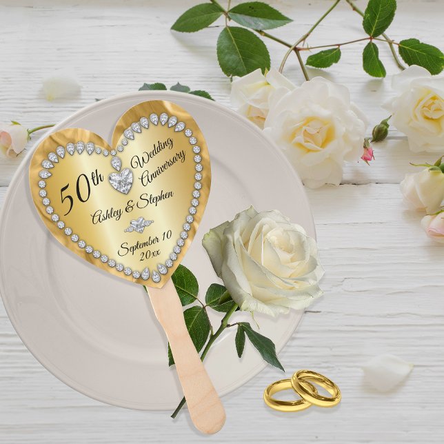 50th Wedding Anniversary Gold Diamonds Keepsake Hand Fan (50th Wedding Anniversary Gold Tone and Faux Diamonds Hand Fan)